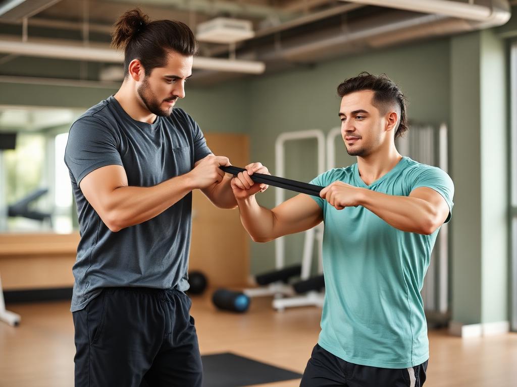 Fisioterapeuta esportivo auxiliando atleta em exercício com elástico