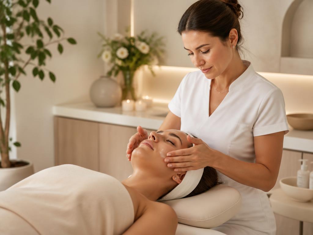 Profissional realizando tratamento facial estético em ambiente acolhedor