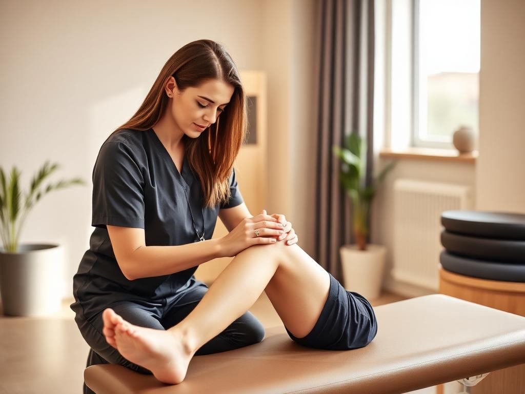 Fisioterapeuta realizando terapia manual no joelho de uma paciente